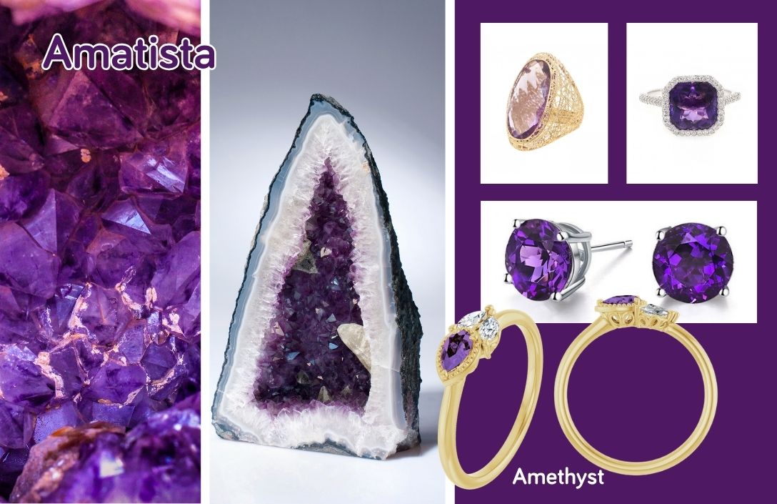 Collage visual de amatistas para la guía de piedras de nacimiento de Joyería Marga Mira. El panel izquierdo presenta una macrofotografía de una geoda de amatista profunda con el texto "Amatista". El panel central muestra una gran geoda abierta. El panel derecho, sobre fondo morado, exhibe una selección de joyas de amatista: un anillo de cóctel ovalado en oro, un anillo cuadrado con halo de diamantes en oro blanco , un par de pendientes redondos en oro blanco, y dos anillos apilables en oro con amatistas marquesa y redondas. Debajo de las joyas, se lee el texto "Amethyst"
